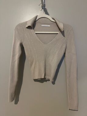 Abercrombie & Fitch Ribbed V-Neck Collared Top - Beige